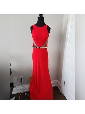 XSCAPE | gown dress maxi red golden metal belt sz 4